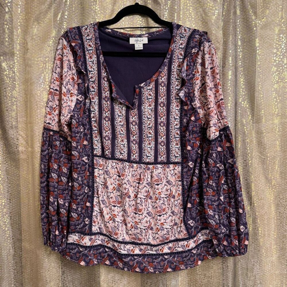 Style & Co Purple Pink Pattered‎ Boho Cottage Long Sleeve Blouse Top Large